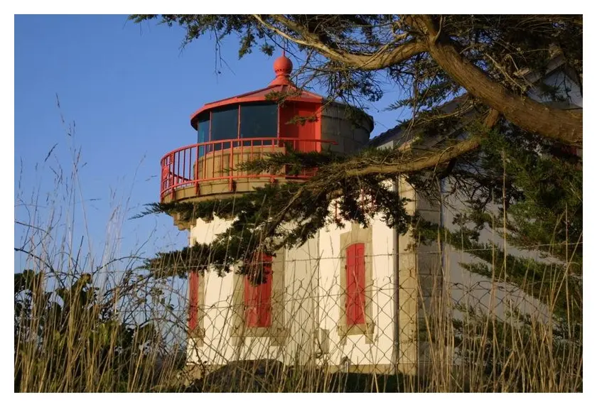Phare de la Pointe de Servel aux volets rouges, encadré par la végétation dunaire au coucher du soleil, près de Lannion, Côtes-d'Armor, Bretagne