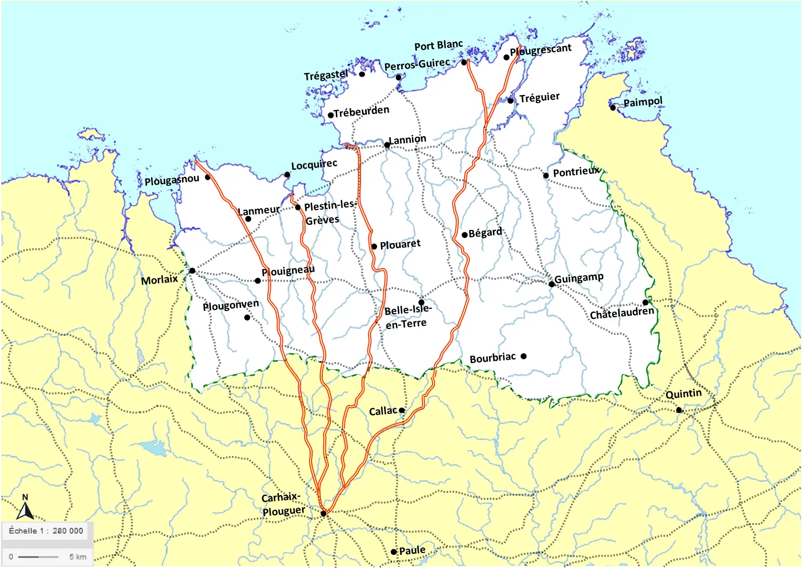 Carte du Trégor mettant en avant les 4 voies romaines entre Carhaix et la côte du Trégor